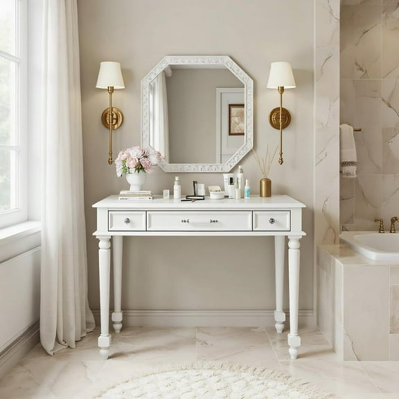 Resenkos Retro Makeup Desk with Large Mirror, 3-Drawer Dressing Table for Jewelry Storage, White