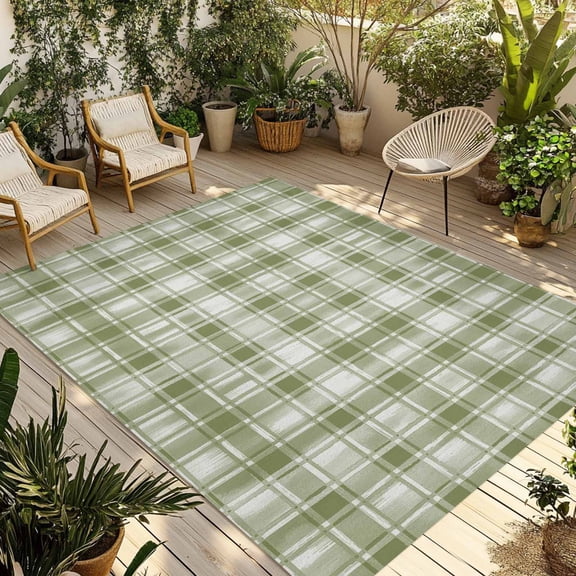 Sage Green Plaid Outdoor Rug for Patio/Deck/Porch, Non-Slip Large Area Rug 6 x 9 Ft, Modern Art Checkered Farmhouse Indoor Outdoor Rugs Washable Area Rugs, Reversible Camping Rug Carpet Runner