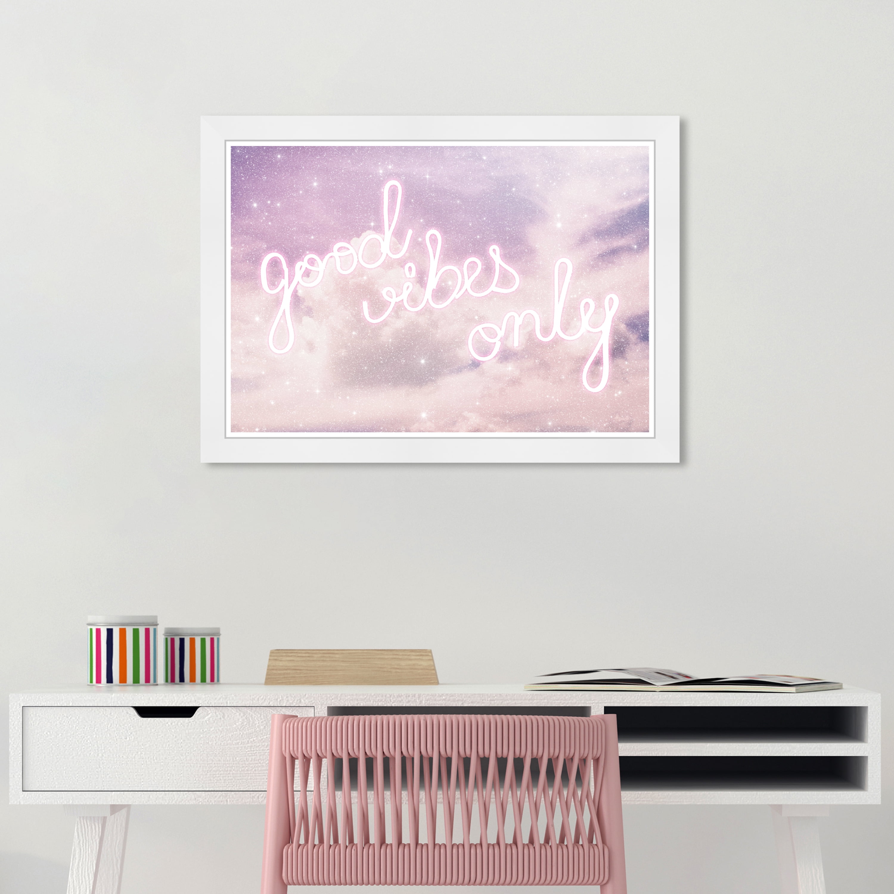 Wynwood Studio Prints Good Vibes Only Sparkle Typography and Quotes Inspirational Quotes and Sayings Wall Art Canvas Print Purple Neon White 19x13
