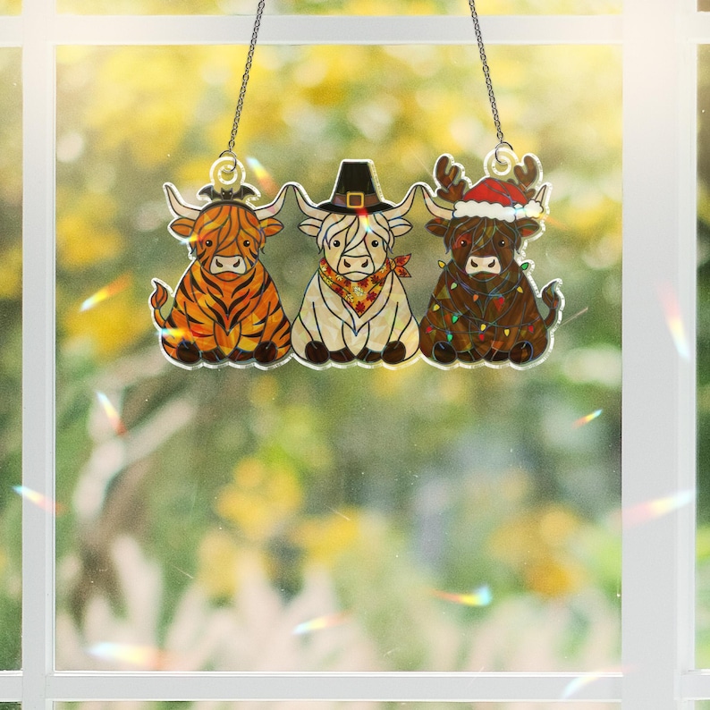 ViciArt Hallothanksmas Highland Cow Holographic Acrylic Window Hanging, 3mm Holiday Decor