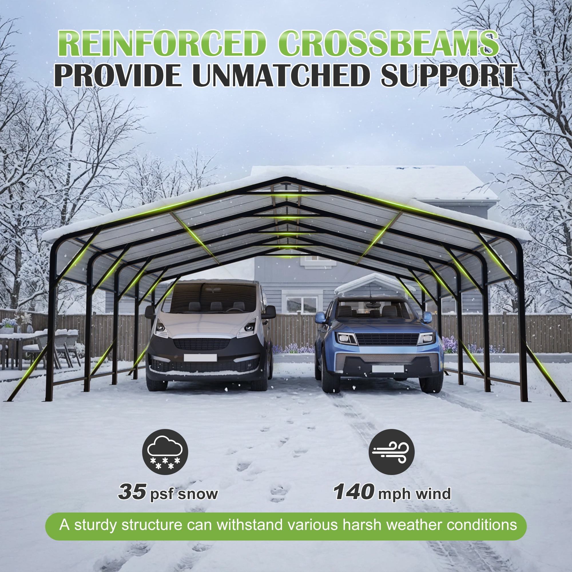 RocVanc Heavy Duty 20x20 ft Steel Carport Reinforced Frame & Base All-Weather Protection Portable Garage Shelter Outdoor Metal Carport Canopy for 2 Cars, Trucks, Boats, RVs