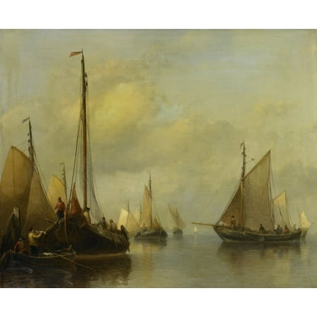 Indoor Transfer Panel - Fishing Boats On Calm Water By Antonie Waldorp 1840-50 Dutch Painting Oil On Panel At Left The Catch Is Transferred To Men In A Row Boat Poster Print
