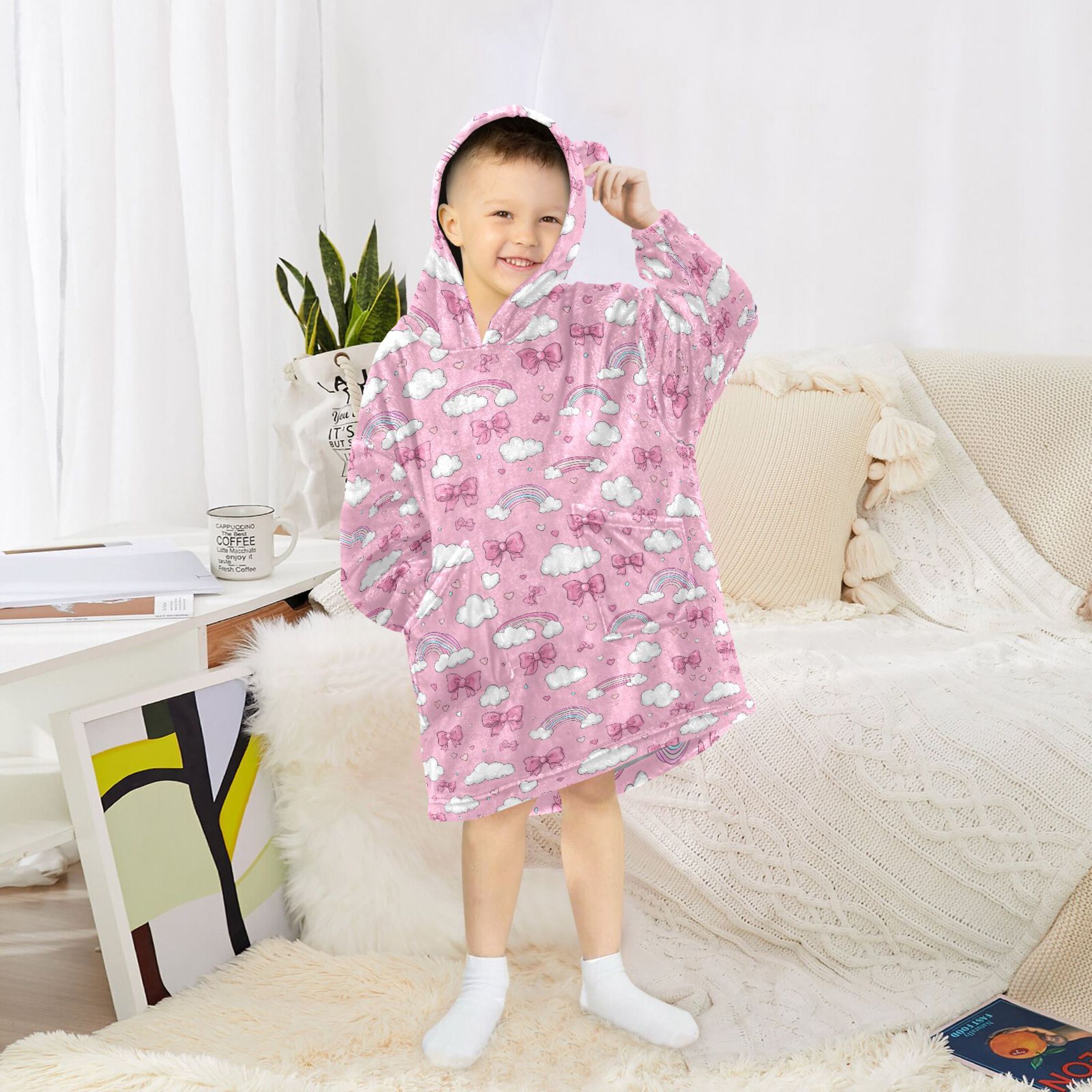 Wearable Blanket Hoodie for Kids Clouds Love Rainbow Bow Flannel Hooded Blanket with Pockets and Sleeves Suitable for Boys and Girls