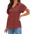 thumbnail image 4 of Short Sleeve Solid Color Women Turn-Down Collar Casual Button Blouse Tops, 4 of 5