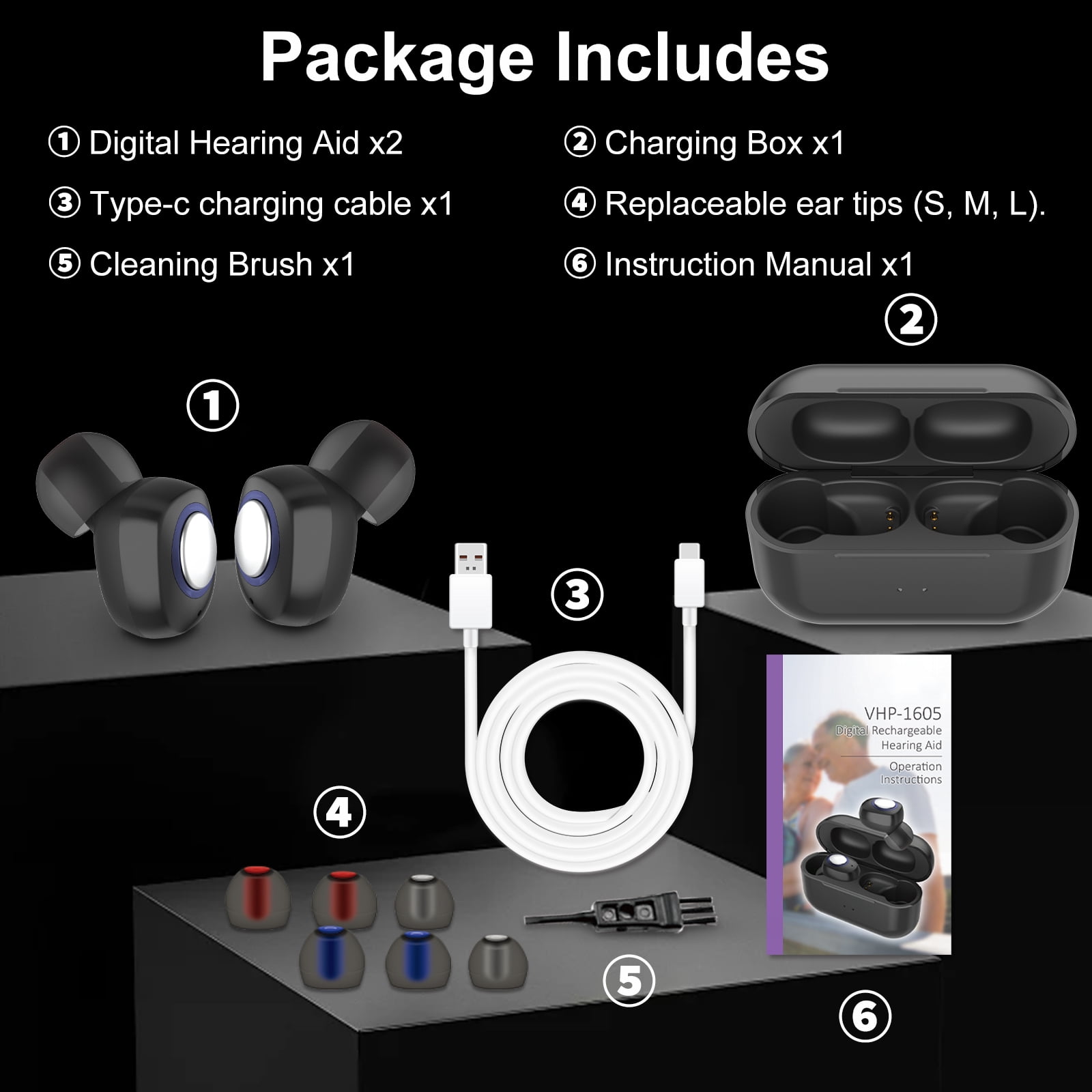 ELCTRTICI Hearing Aids for Seniors, 8-Channel Rechargeable Hearing Aids with Noise Reduction, Adjustable Volume & Charging Case, VHP-1605, Black