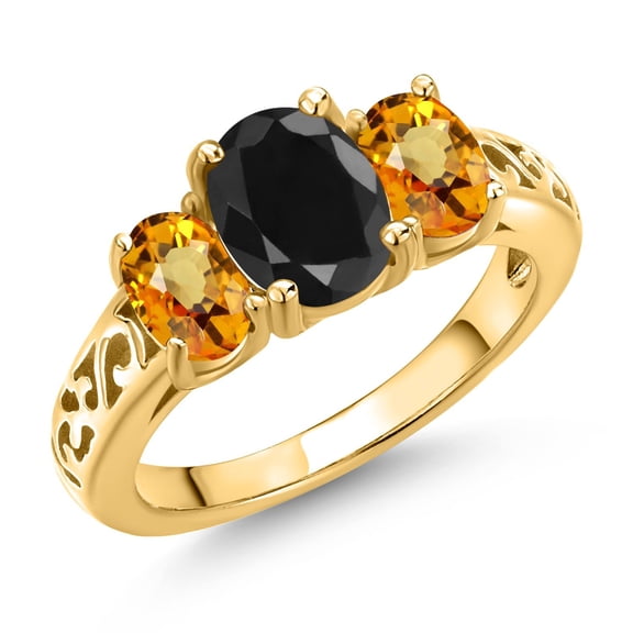 Gem Stone King 18K Yellow Gold Plated Silver Black Sapphire and Yellow Sapphire Filigree Style 3 Stone Ring for Women (2.89 Cttw, Oval 8X6MM and 6X4MM) (Size 7)
