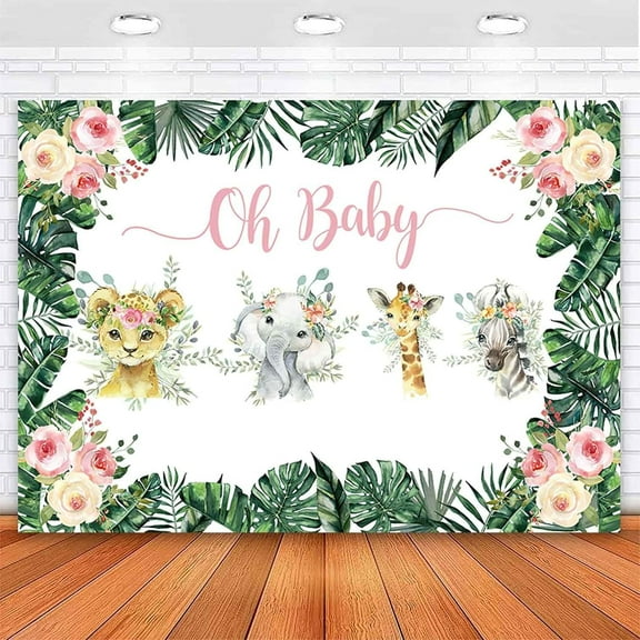Girl Safari Baby Shower Backdrop Jungle Animals Oh Baby Background Pink Floral Palm Leaves Greenery Baby Shower Party Cake Table Decoration Photo Booth Props