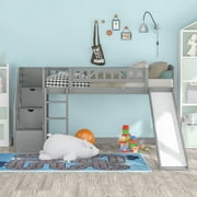 WEIKABU Loft Bed Wood Twin Frame with Slide, Stairs, Ladder, Guard Rail, Storage Drawers for Kids,Gray