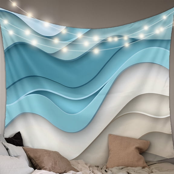 Aqua Beige Ombre Tapestry for Bedroom Wall Hanging Tapestry, Modern Abstract Moire Art Geometric Ceiling Backdrop Tapestries Poster Blanket Wall Decor for Teens Room Living Room Dorm 55" x 73"