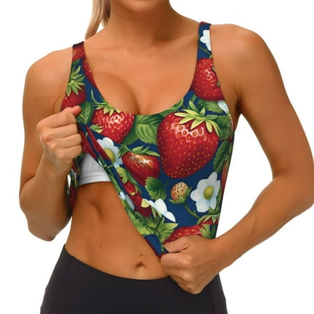 Qokaie Strawberry2 Pattern Womens Scoop Neck Sports Bra Breathable Workout Vest Padded U Back Medium Impact Fitness Gym Yoga Bra Workout Crop Top