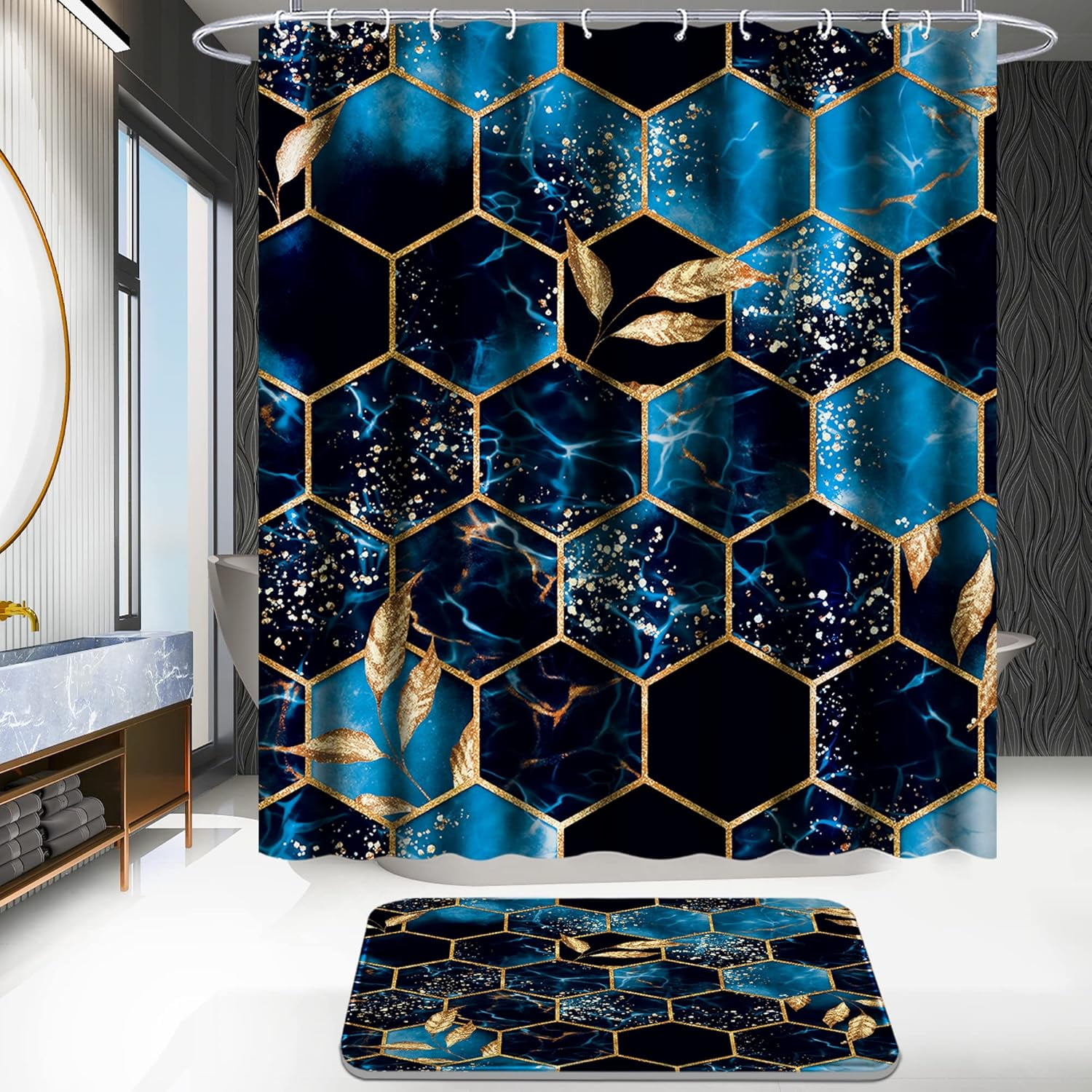 4 Pcs Bathroom Shower Curtain Set,Bathroom Sets with Rugs(Bath Mat,U Shape and Toilet Lid Cover Mat) and 12 Hooks,Sky Blue Honeycomb Marble