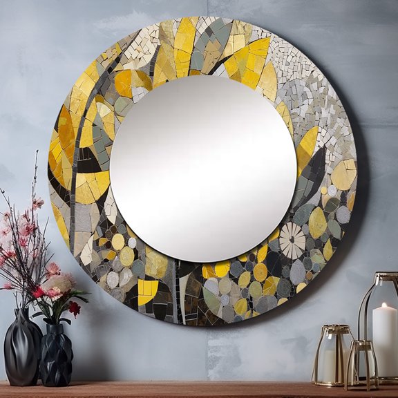 Designart "Artistic Fusion with Yellow and Grey Patterns" Boho Mosaic Rund Mirror For Wall Decor - Large Yellow Round Printed Mirror -Bohemian Round Living Room Mirror - 23" x 23"