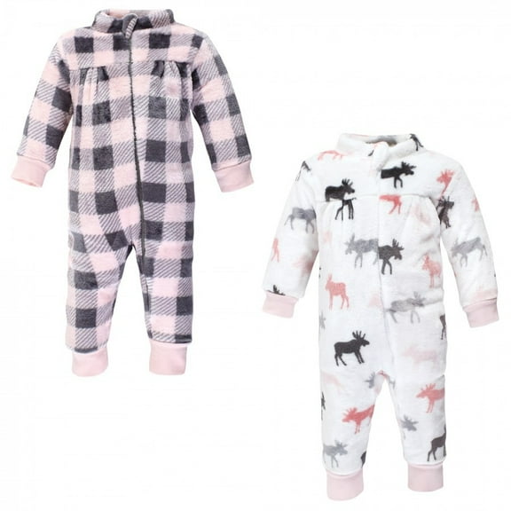 Hudson Baby Infant Girl Plush Jumpsuits, Pink Moose, 0-3 Months