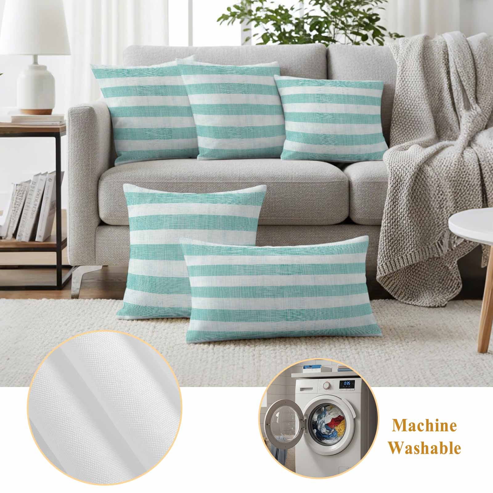 Aqua Striped Outdoor Waterproof Pillow Covers, Rustic Farmhouse Stripes Decorative Square Throw Pillowcase Sofa Cushion Sham for Patio/Couch/Chair, 18"x18" 2 Pack