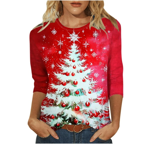 LiMoi Women's Christmas Shirt 3/4 Sleeve Round Neck Blouse with All Over Holiday Tree Print Casual Tops Tees Tshirts for Gifting My Items