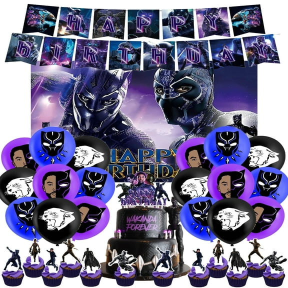 Cartoon party supplies, Black Panther themed birthday party decorations including happy birthday banners, balloons, cake toppers, backdrops