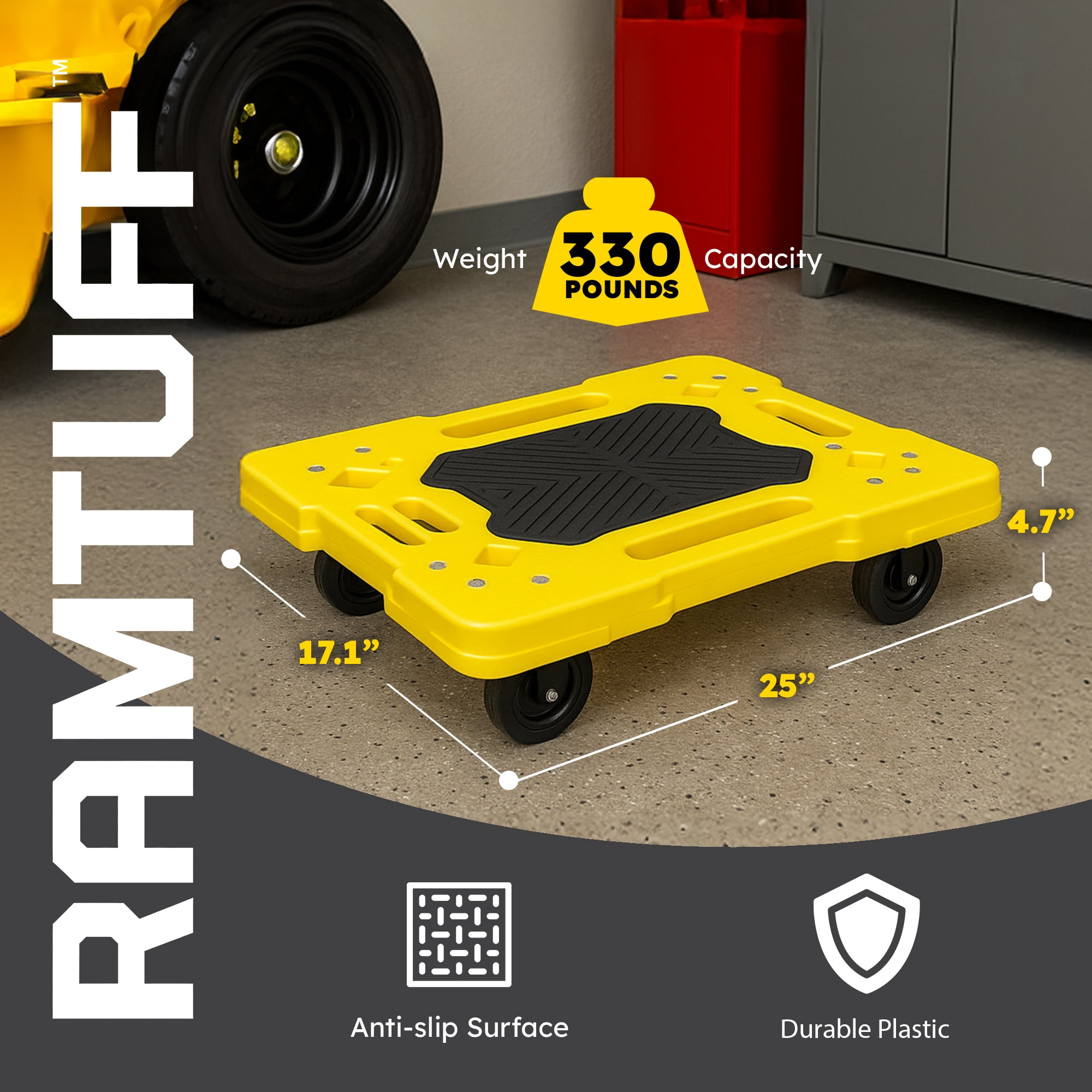 Ramtuff Connectable Moving Dolly, Sturdy Plastic Cart with Swivel Casters, Yellow, 4 Pack