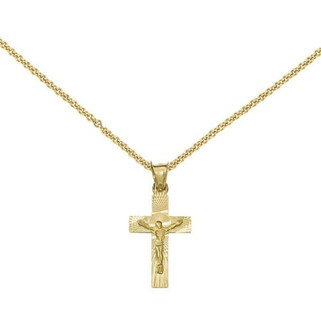 14kt Yellow Gold Polished Satin and Diamond-Cut Crucifix Pendant