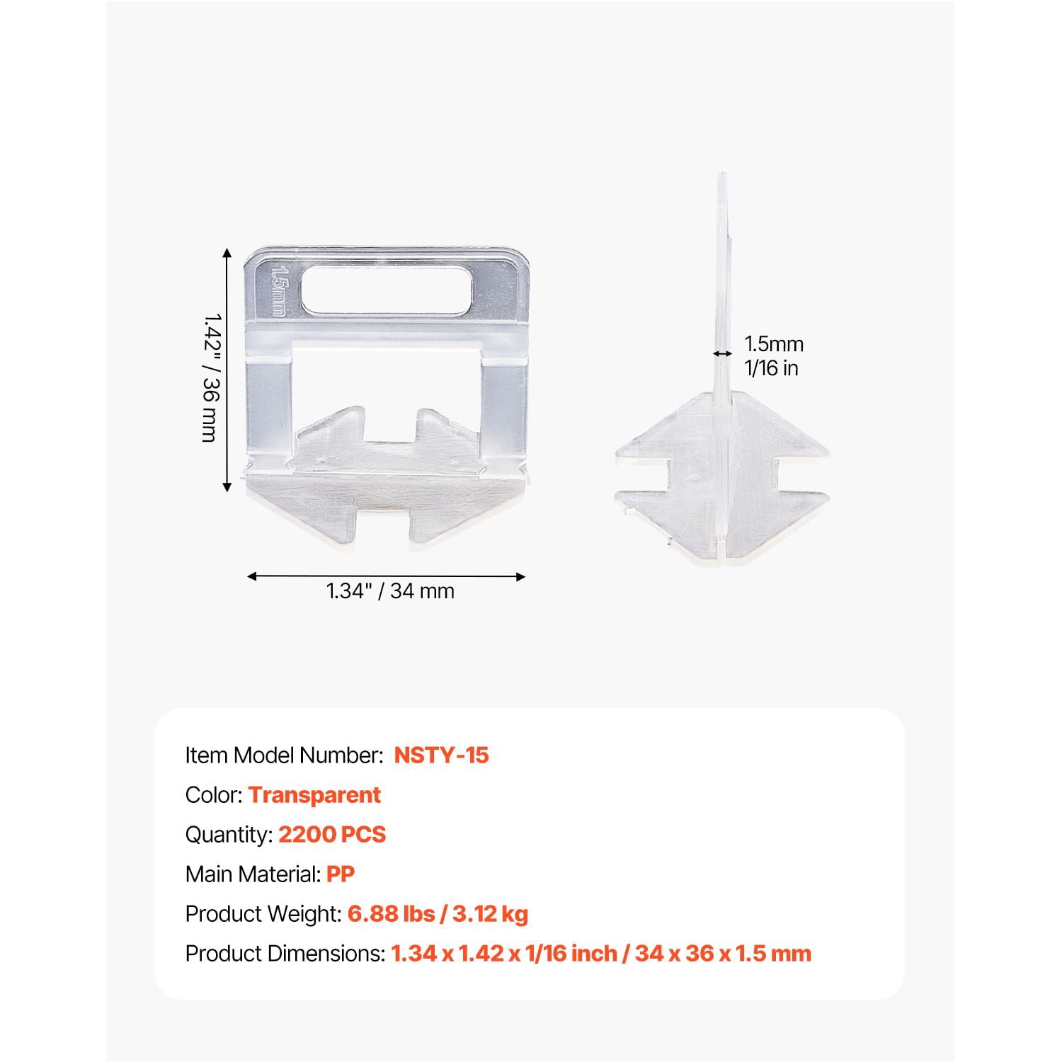 Tile Leveling System 2200pcs 1/16" Spacers, PP Material, for Floor Wall Tile Installation (Wedges Not Included)