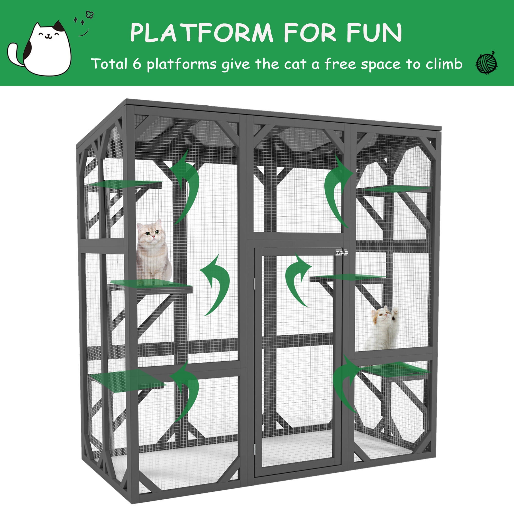 Pet Pens & Hutches Catio Outdoor Cat Enclosure Cat House Wooden Cat Cage Large Feral Cat Shelter for Mulitiple Cats with Six Platforms, Large Enter Door, Waterproof Roof 60" Grey,Dog Pens