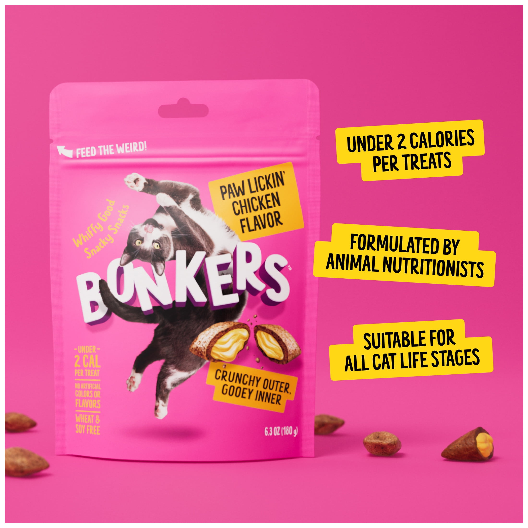 (4 pack) BONKERS Bites Paw Lickin' Chicken Flavor Crunchy & Soft Treats for Cats, 12oz Bag