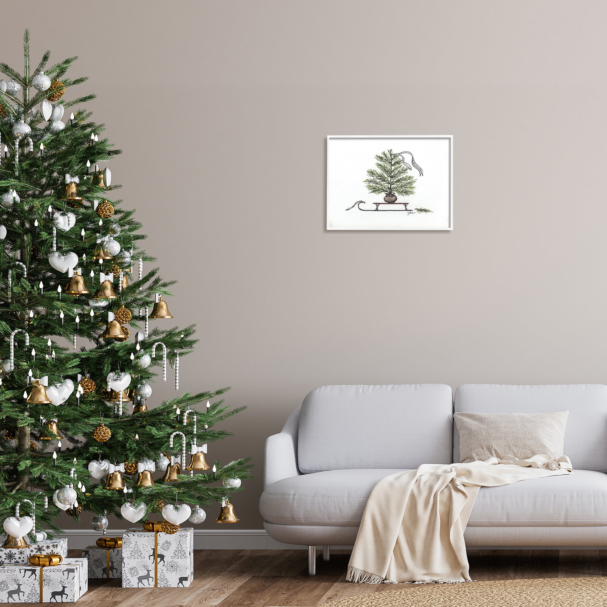 Endearing Christmas Fir Tree Sleigh Festive Ribbon Botanical & Floral Painting Framed Art Print Wall Art