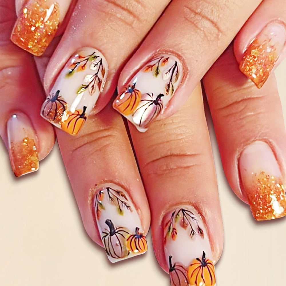 24 Pcs Fall Press on Nails Short Square Fake Nails Glossy Artificial Thanksgiving Nails Maple Leaf Pumpkins False Nails Autumn Leaf Stick on Nails for Women DIY