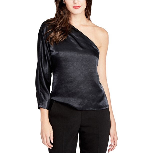 Rachel Roy Blusa de punto con un hombro para mujer, negro, XS