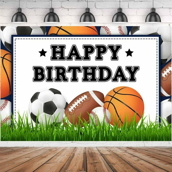 Sports Theme Happy Birthday Backdrop Boys Soccer Basketball Baseball Kids Rugby Stadium Game Lawn Sports Theme Birthday Background Portrait Party Cake Table Photo Studio Booth Prop