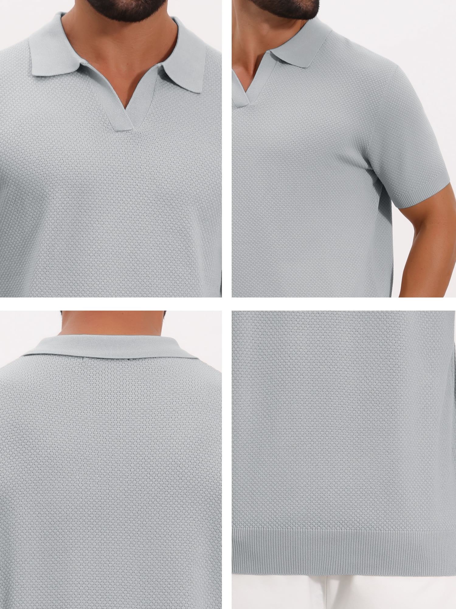 DARING DIVA Men's Textured Knit V Neck Short Sleeve Casual Golf Polo Shirt S Light Gray