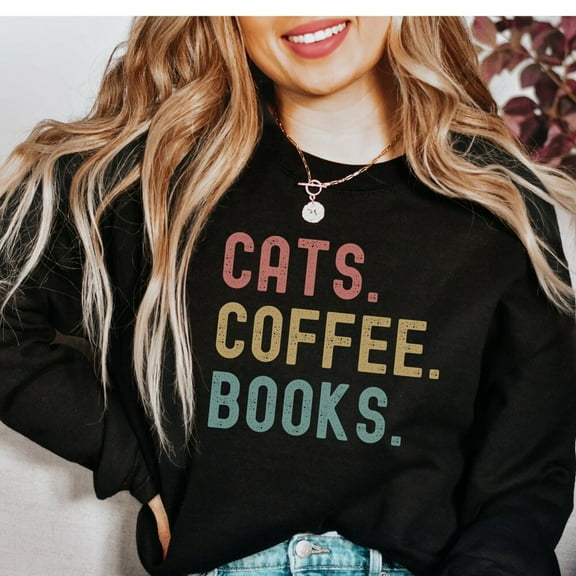 ANUNSHIRT Cats Coffee Books Shirt, Book Lover Gift, Cat Shirt, Coffee Lover Shirt, Cat Lover Gift, Bookish Shirt, Cats And Books, Cat Mom Gift Unisex S-5XL Hot Trending Shirt, Vintage Birthday Gift