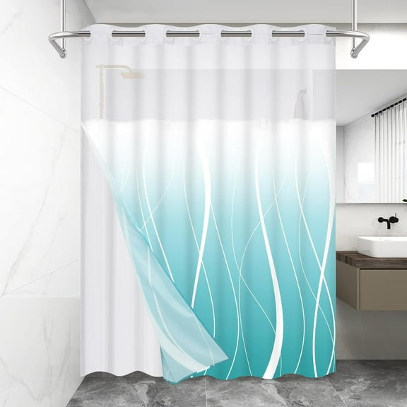 Ikfashoni Ombre Hookless Shower Curtain with Snap in Liner,Teal Gradient Waterproof Fabric Mesh Window Bath Curtain,71"X74"