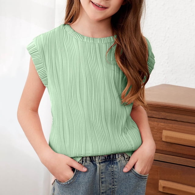 Tween Girls Summer Short Sleeve Textured Tops Shirts Clearance Sale