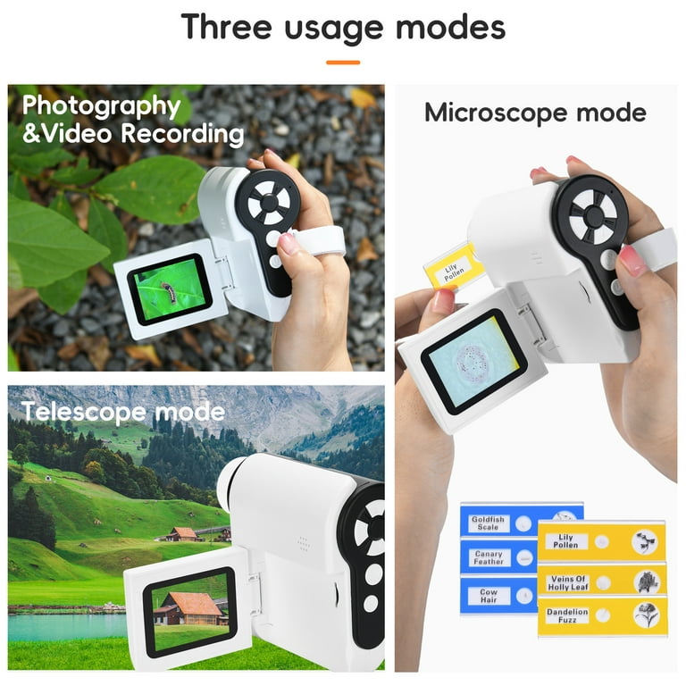 Portable Digital Microscope for Kids, 1000X Handheld Digital Microscope &  Telescope with 2 LCD Screen, Camera & Video Mini Microscope with  Adjustable LED Lights, 32GB SD Card and Sample Slides 