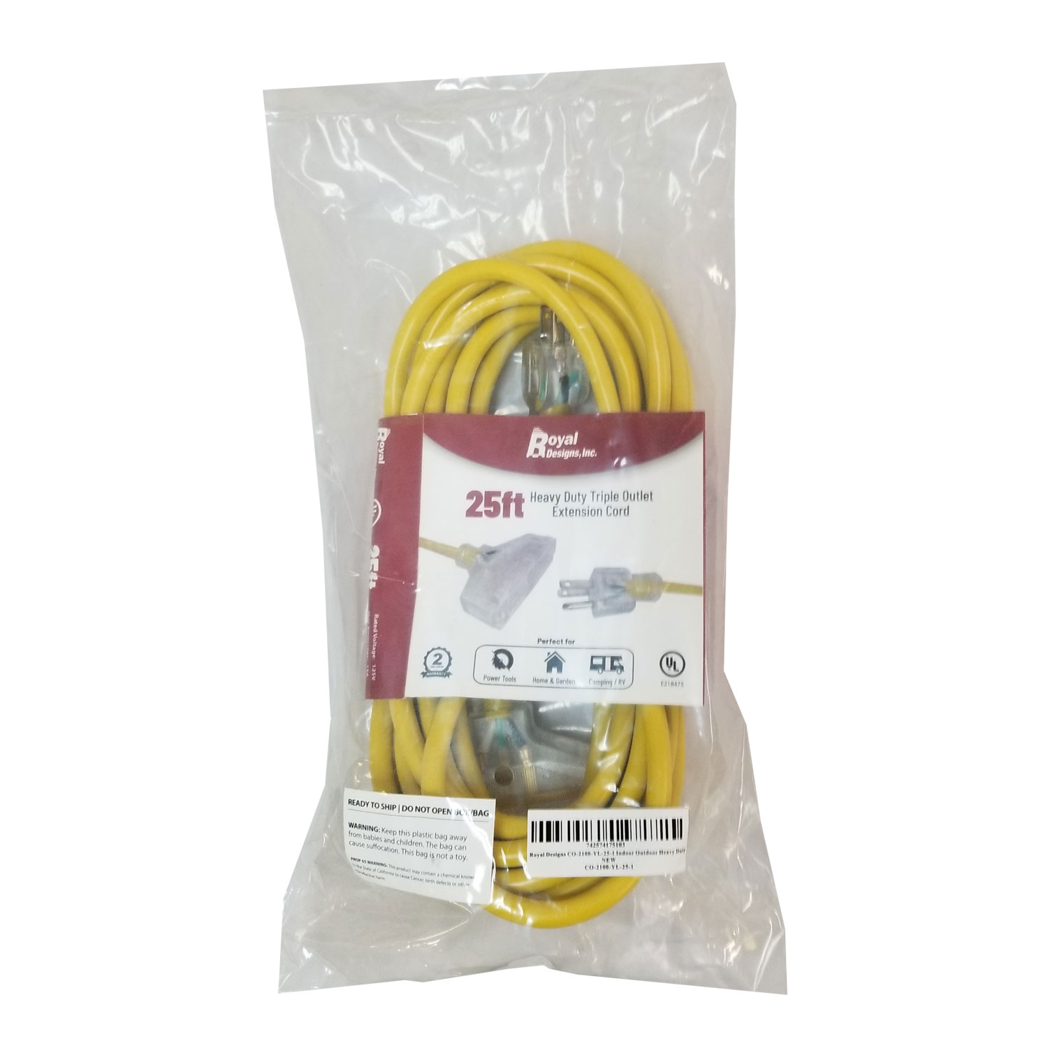 Royal Designs, Inc. Heavy Duty Extension Cord with Indicator light for Indoor & Outdoor, 25 ft long, Yellow, 3 Outlet Prong Grounded Wire UL Listed