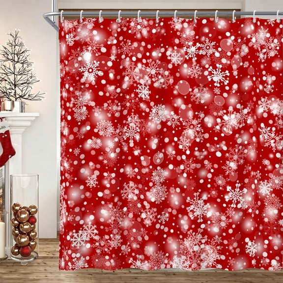 Red Snowflake Christmas Shower Curtain for Bathroom Sparkle Winter Holiday Bath Curtain with Hooks 47"W x 64"L