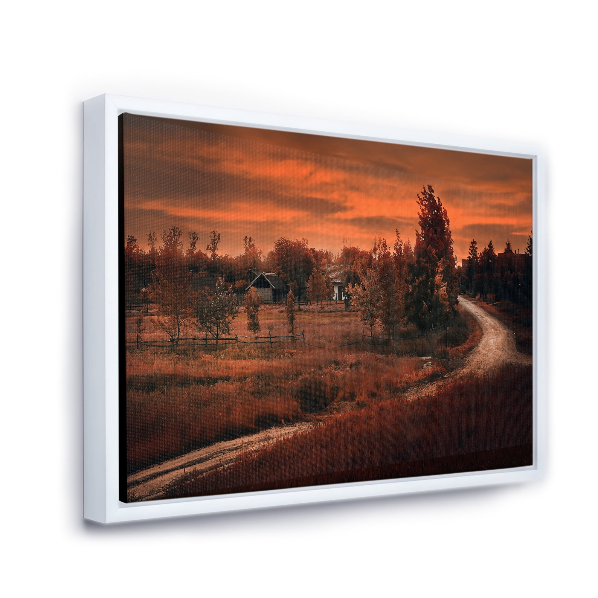 The Road By The Farm In Dark Pink Sunset 40 in x 30 in Framed Painting Canvas Art Print, by Designart