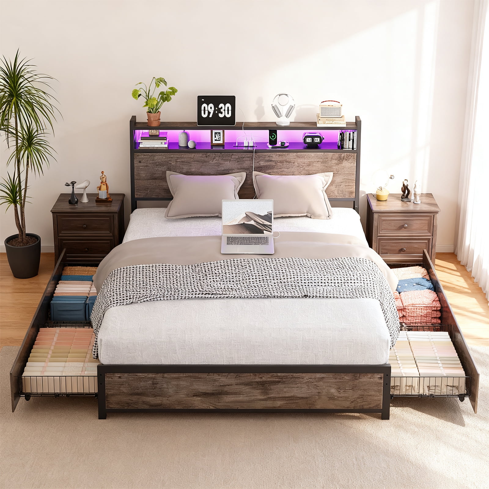 Ktaxon King Size Bed Frame with Charging Station & LED Storage Headboard, Metal Platform Bed Frame with 4 Underbed Drawers for bedroom, Gray