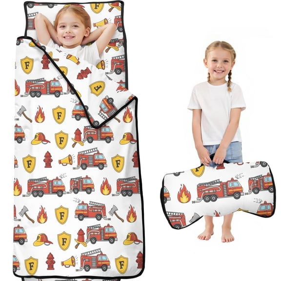 Fireman and Shield White Pattern Teens Toddler Nap Mat with Pillow, Sleeping Mat Bag for Preschool Daycare 59"x22"