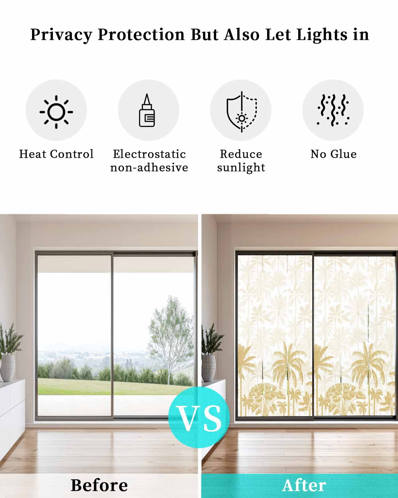 Window Privacy Film Palm Trees Stained Glass Window Film Decorative Sun Block Window Cover Yellow Tropical Plants Summer Forest Scenery Window Clings Static Adhesive Sticker for Bathroom 35.4"x78.7"
