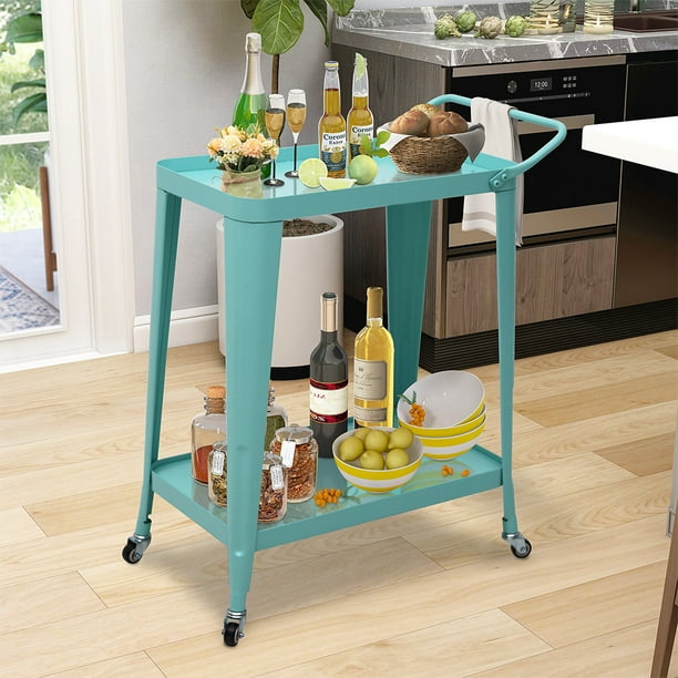 Abble Glossy Teal Color 2 Tier Metal Frame Bar Cart with Handle