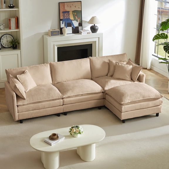 CKEASEAN 110.5" Chenille Modern L Shaped Modular Sectional Sofa Set, Comfy Cloud Couch with Ottoman, 3-Seater Deep Seat Sofa with Upholstered & Pillows, Sleeper Couches for Living Room, Easy Assembly