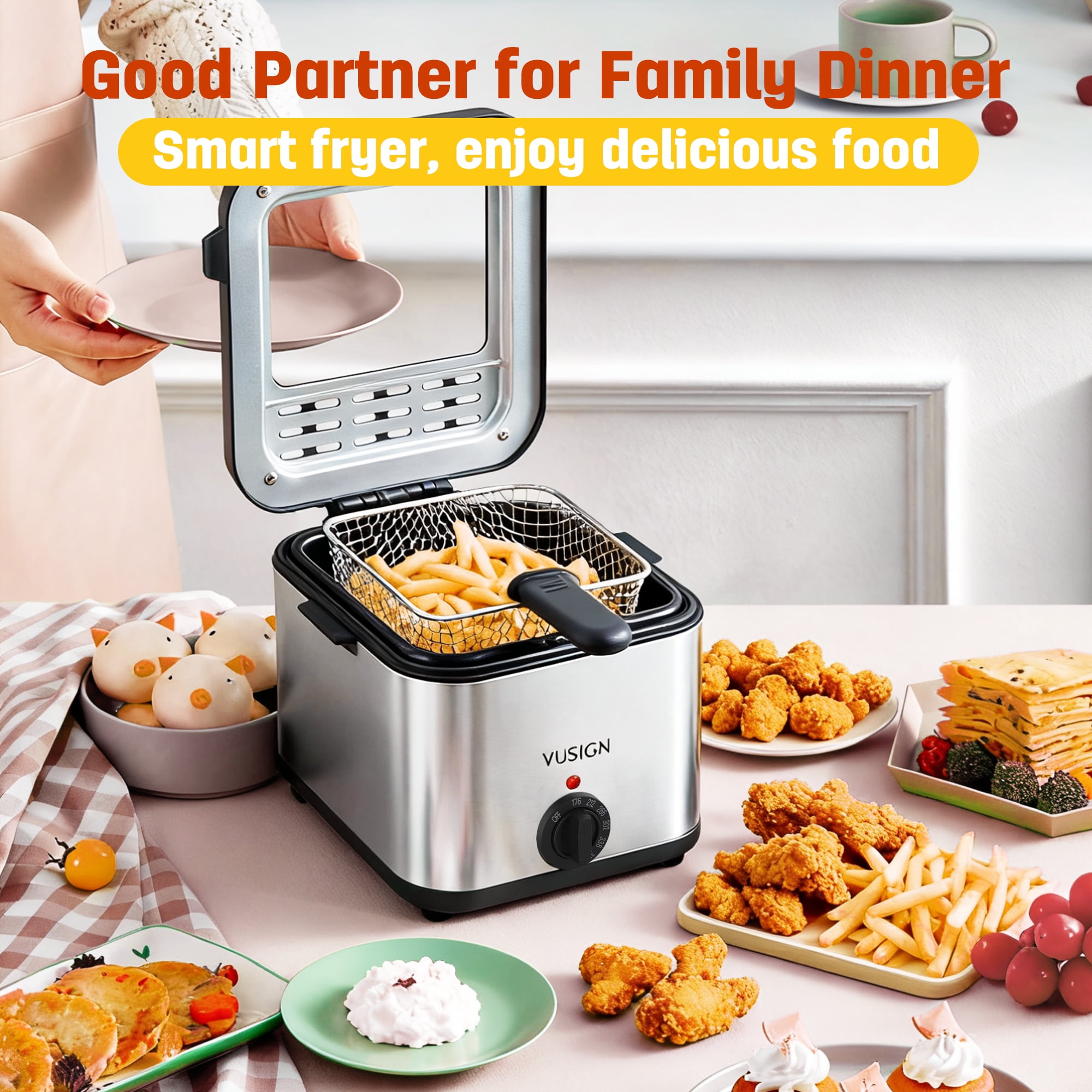 VUSIGN Electric Deep Fryer with Basket, 2.5QT Electric Fryer with Adjustable Temp & Timer,1000W,Easy-View Window,Stainless Steel