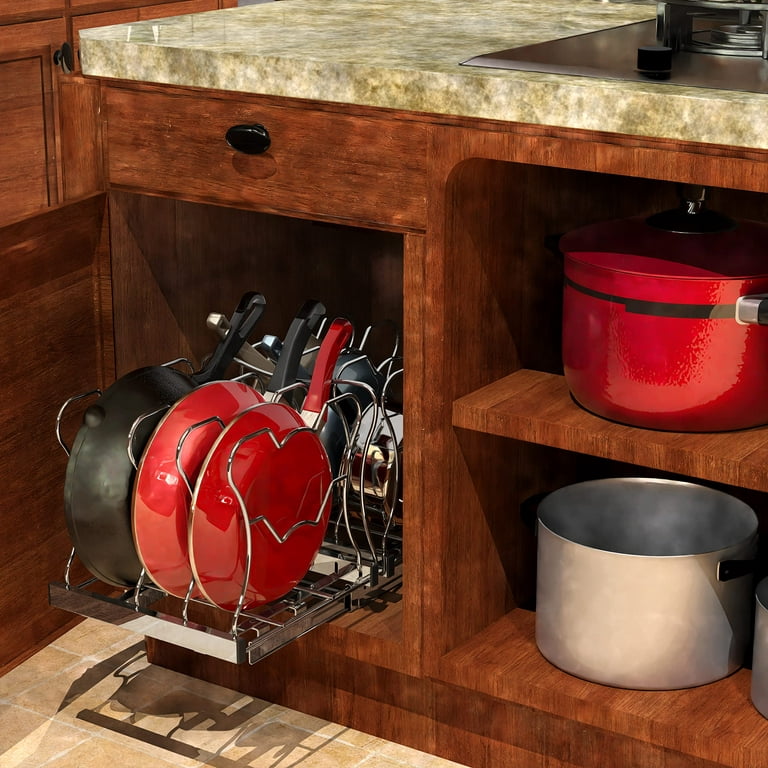 Pull Out Pots and Pans Organizer for Cabinet - Sliding Lid Holder and Pan  Rack in Kitchen, Cabinet Pull Out Shelves, Slide Out Cabinet Organizer, Pot