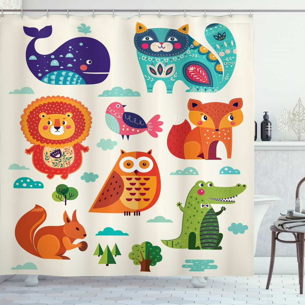 Zoo Shower Curtain, Funny Animals and Birds with Ethnic Native