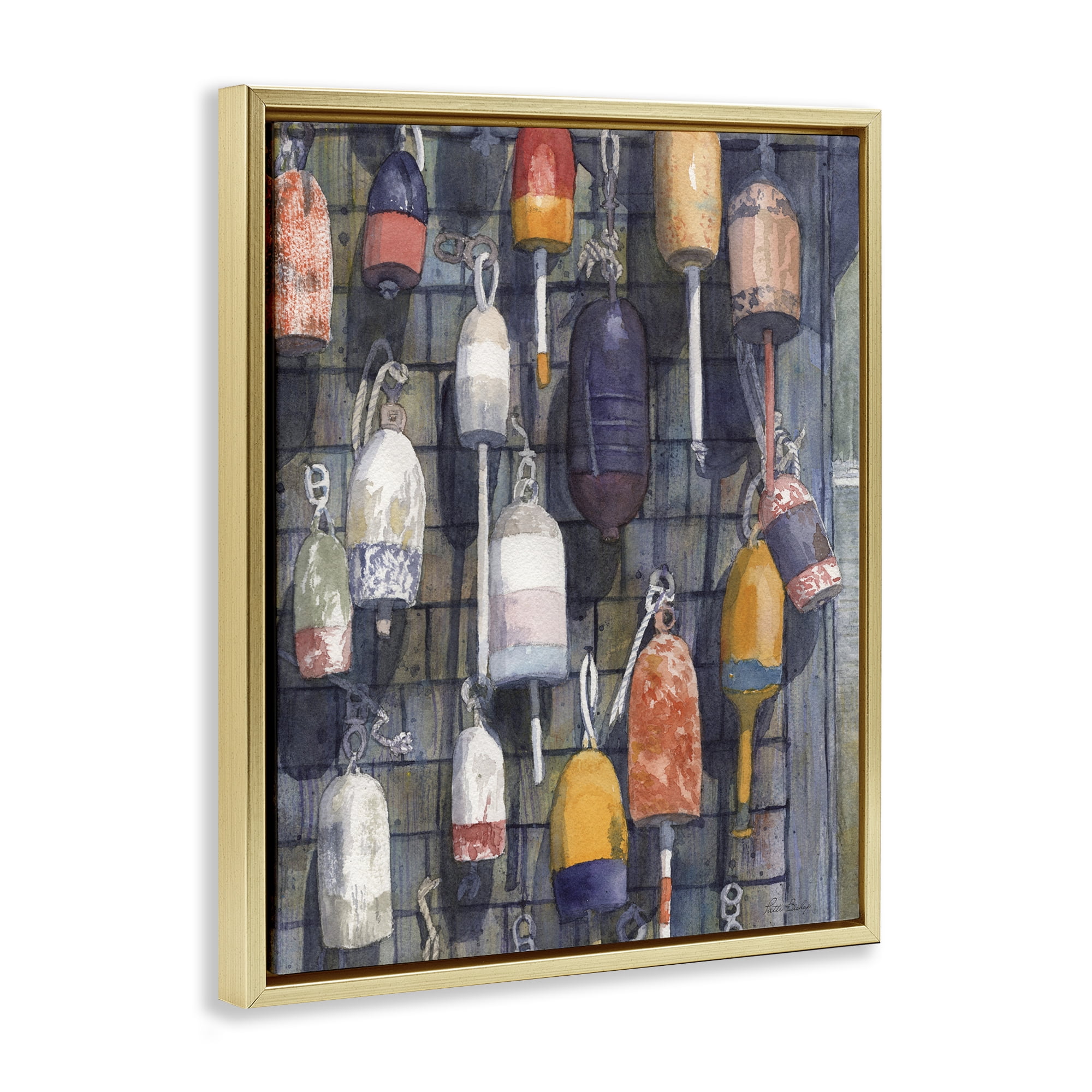Stupell Industries Watercolor Hanging Buoys Gold Framed Floater Canvas Wall Art, design by Patti Bishop