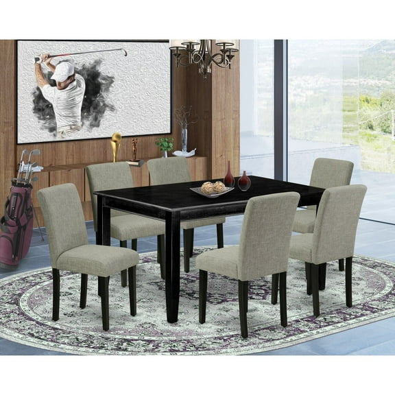 Rustic Dining Set 7Pc - 60 Inch Rectangular Table & 6 Parsons Chairs - Linen Fabric, Cozy Farmhouse Style