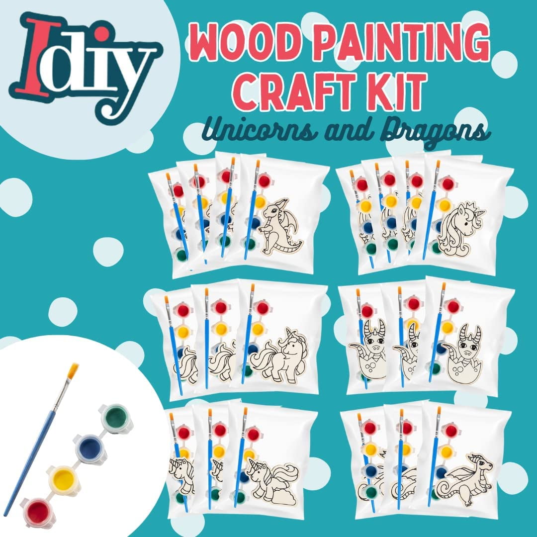 SCS Direct Kids Party Wood Painting Craft Kits (20ct) -Unicorns and Dragons- Each Kit Has its Own Brush, Paint, & Figure- Fun, Unique Birthday Party Activity, Favors or Classroom School Projects Gift