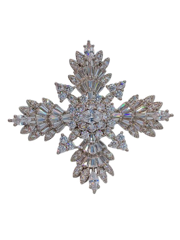 Splash Silver Tone CZ Cruciform Snowflake Brooch, Winter Festival Jewelry