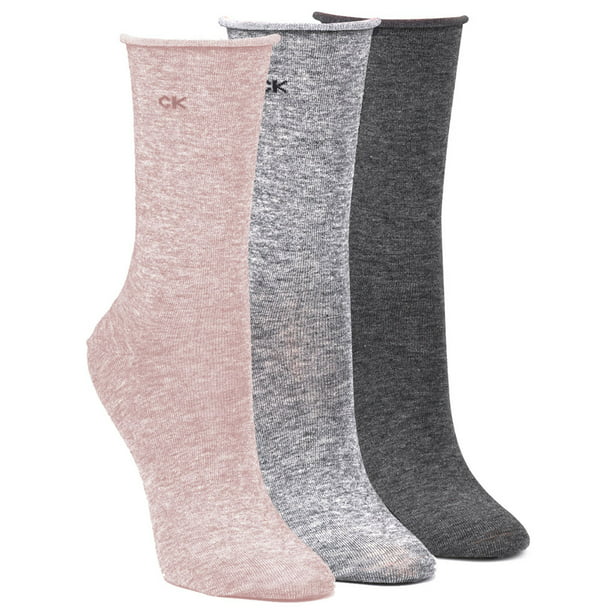 Calvin Klein Women's Roll Top Crew Socks - 3 Pack, Faded Pink/Pale  Grey/Grey, Medium 